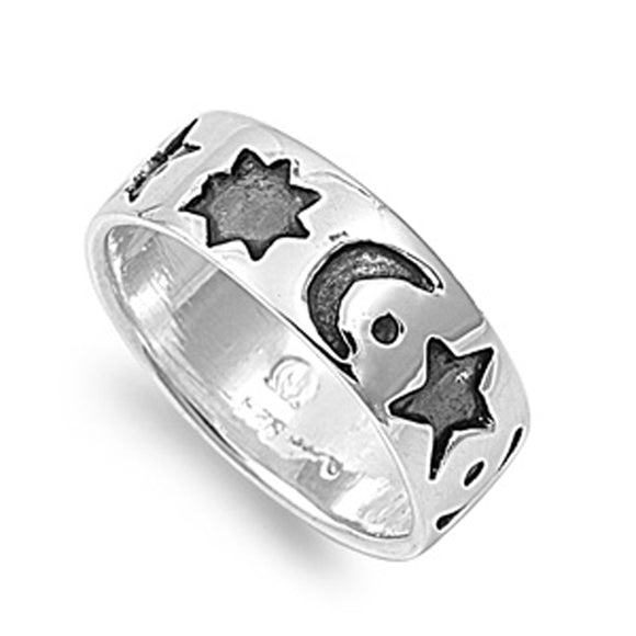 Sun Moon Star Eternity Galaxy Wide Ring New .925 Sterling Silver Band Sizes 6-12