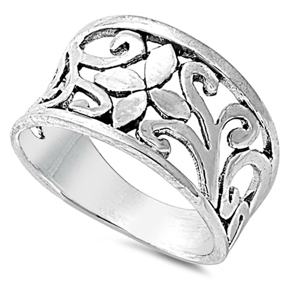 Filigree Cross Flower Leaf Vine Nature Ring .925 Sterling Silver Band Sizes 5-10