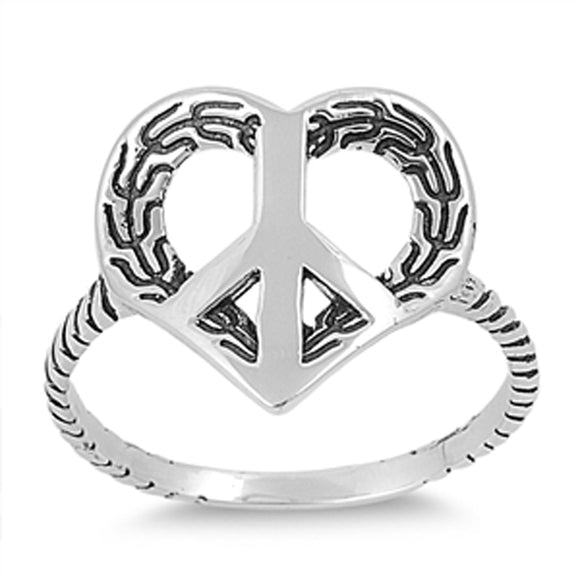 Peace Sign Heart Promise Hippie Ring New .925 Sterling Silver Band Sizes 5-9