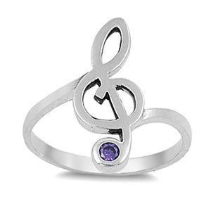 Clef Note Music Ring Amethyst CZ New 925 Sterling Silver Fashion Band Sizes 5-10