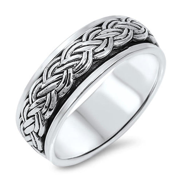 Spinner Men's Wedding Band Celtic Weave Braid Ring Sterling Silver Sizes 7-13