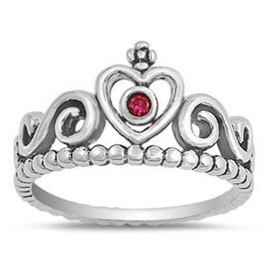 Heart Tiara Crown Ruby CZ Unique Ring New .925 Sterling Silver Band Sizes 5-10