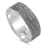 Men's Wood Grain Look Ring New .925 Sterling Silver Band Sizes 5-10