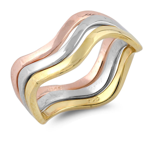 Rose Gold-Tone Wave Stackable Ring Set .925 Sterling Silver Wavy Band Sizes 4-10