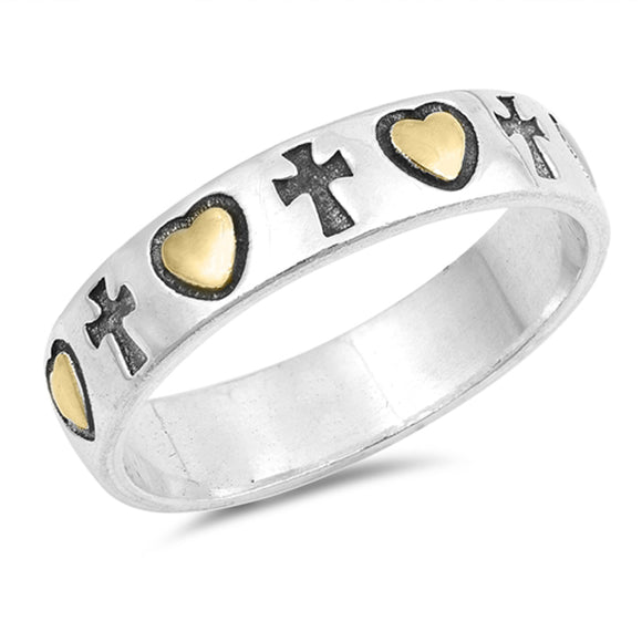 Gold-Tone Heart Cross Promise Eternity Ring .925 Sterling Silver Band Sizes 4-10