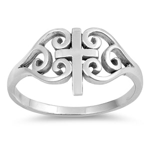 Oxidized Filigree Swirl Cross Heart Ring .925 Sterling Silver Band Sizes 4-10