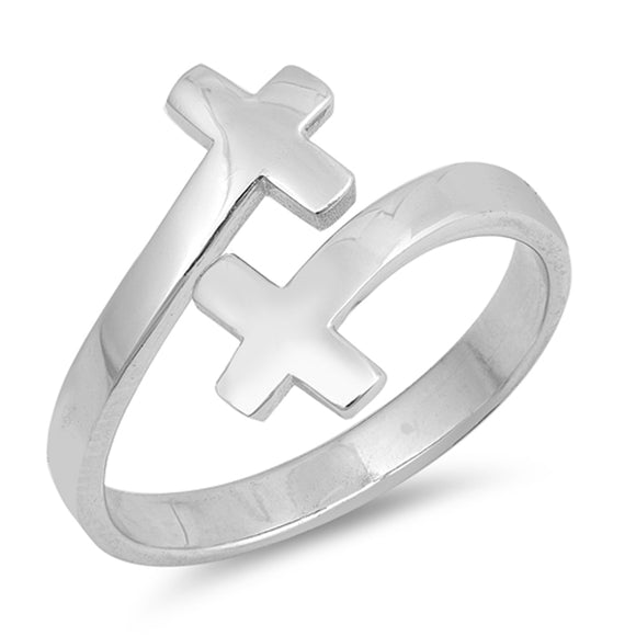 Double Sideways Cross Christian Ring New .925 Sterling Silver Band Sizes 4-10