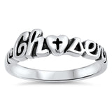 Chosen Heart Cross Cursive Word Oxidized Ring Sterling Silver Band Sizes 5-9