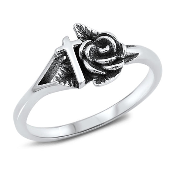 Rose Cross Leaf Oxidized Cute Filigree Ring .925 Sterling Silver Band Sizes 4-10