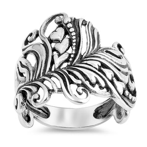 Oxidized Heart Filigree Leaf Cocktail Ring .925 Sterling Silver Band Sizes 5-10