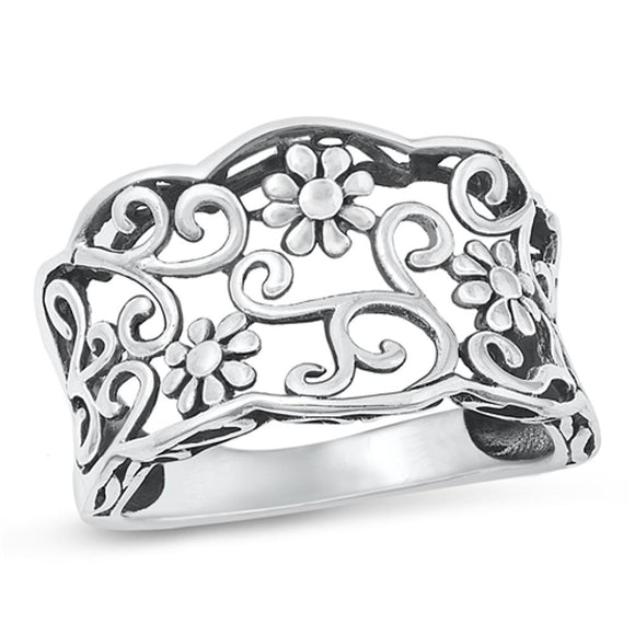 Oxidized Vintage Flower Filigree Garden Ring 925 Sterling Silver Band Sizes 5-10