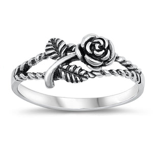 Oxidized Rose Flower Twisted Rope Ring New .925 Sterling Silver Band Sizes 5-10