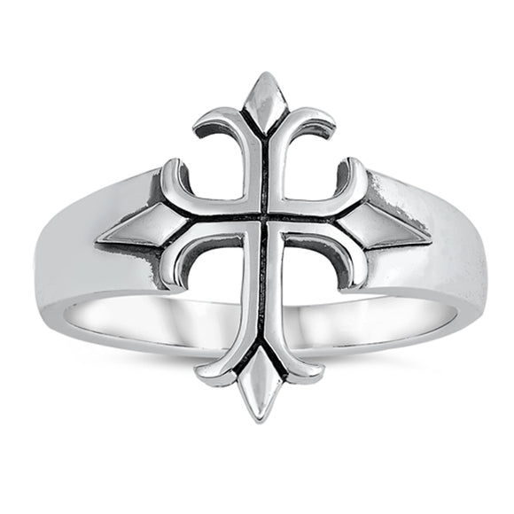 Medieval Pointed Cross Oxidized Etching Ring 925 Sterling Silver Band Sizes 5-12