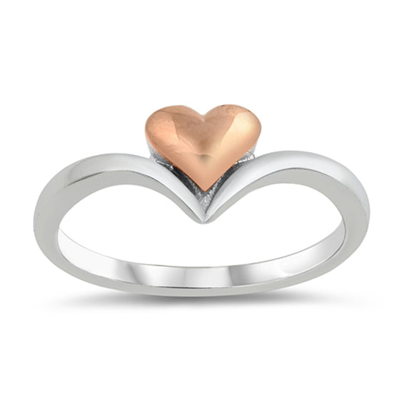 Rose Gold-Tone Heart Chevron V-Shaped Ring .925 Sterling Silver Band Sizes 4-10