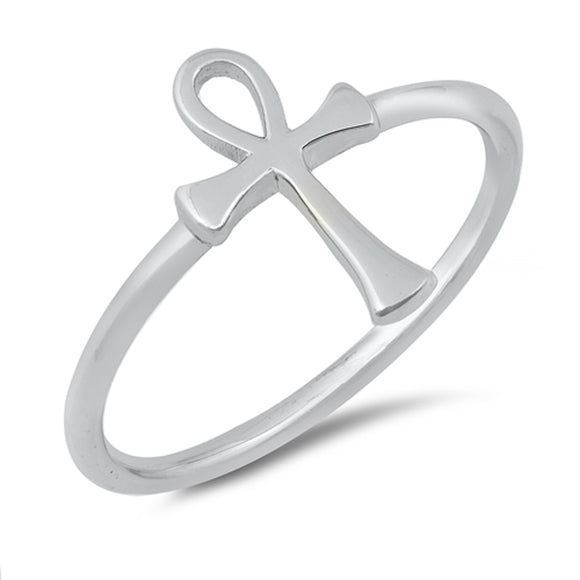 Simple High Polish Ankh Cross Loop Ring New .925 Sterling Silver Band Sizes 4-10