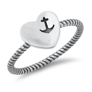 Oxidized Twist Heart Anchor Mariner Ring .925 Sterling Silver Band Sizes 4-10