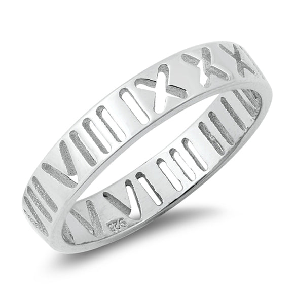 Cutout Roman Numeral Modern Ring New .925 Sterling Silver Band Sizes 4-10