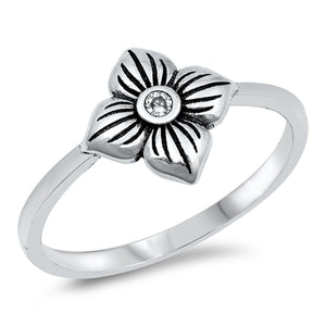 Grooved Flower Plumeria Nature Clear CZ Classic Ring New .925 Sterling Silver Band Sizes 4-10