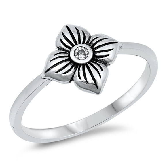 Grooved Flower Plumeria Nature Clear CZ Classic Ring New .925 Sterling Silver Band Sizes 4-10