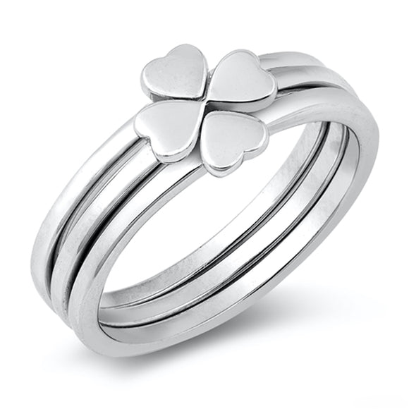 Cute Triple Stack Good Luck Clover Heart Ring New .925 Sterling Silver Band Sizes 5-10