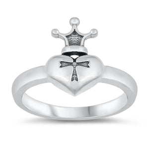 Elegant High Polish Cross Crown Promise Heart Ring New .925 Sterling Silver Band Sizes 4-10