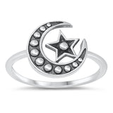 Classic Oxidized Moon Star Bali Style Sterling Silver Ring Sizes 4-10