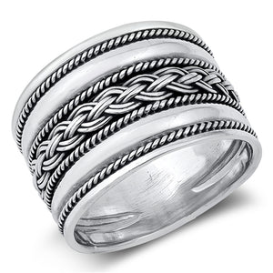 Ornate Braid Rope Bali Style Sterling Silver Band Sizes 6-12