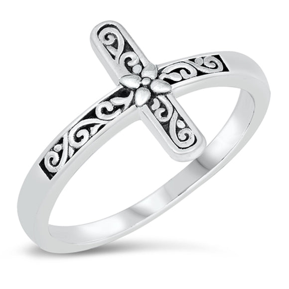 Ornate Sideways Floral Cross Ring New .925 Sterling Silver Band Sizes 4-10