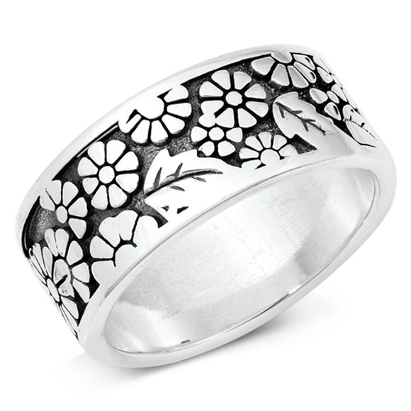 Boho Daisy Flower Leaf Fun Nature Ring New .925 Sterling Silver Band Sizes 5-10