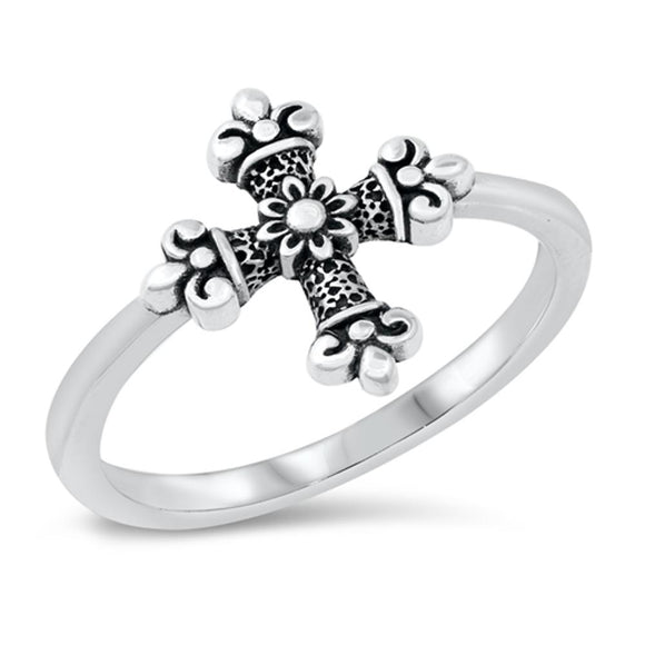 Ornate Christian Blossom Cross Ring New .925 Sterling Silver Band Sizes 4-10