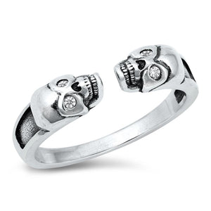 Open Double Skull Clear CZ Beautiful Ring .925 Sterling Silver Band Sizes 4-10