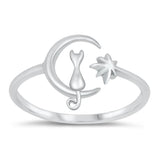 Cat on the Moon Open Crescent Classic Ring .925 Sterling Silver Band Sizes 4-10