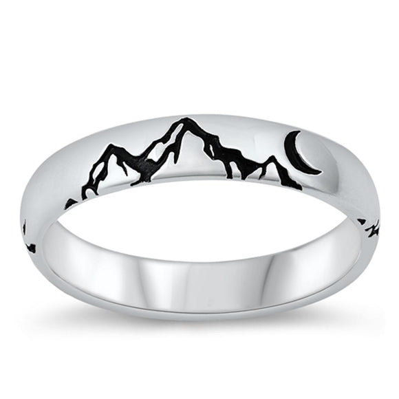 Mountains Moon Wild Nature Polished Ring .925 Sterling Silver Band Sizes 4-10