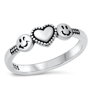 Smiley Happy Face Heart Love Cute Ring New .925 Sterling Silver Band Sizes 4-10