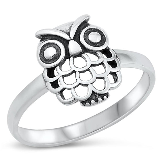 Owl Wisdom Knowledge Polished Hooter Ring .925 Sterling Silver Band Sizes 4-10