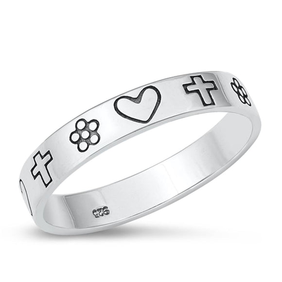 Sterling Silver Heart Cross Flower Ring