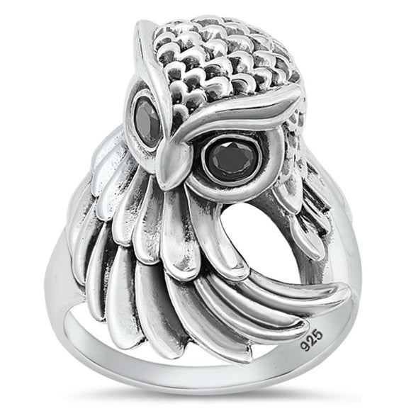 Sterling Silver Black CZ Owl Ring