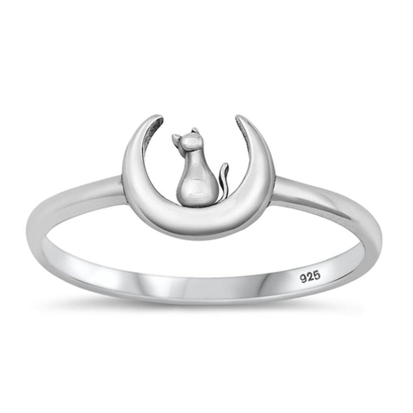 Sterling Silver Cat on the Moon Ring