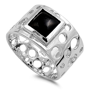 Black Onyx Cutout Circle Square Solitaire Ring Sterling Silver Band Sizes 5-10