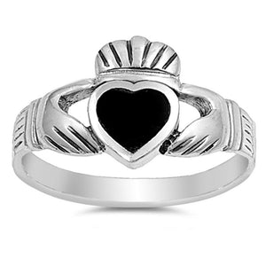 Black Onyx Claddagh Heart Promise Ring New .925 Sterling Silver Band Sizes 4-14