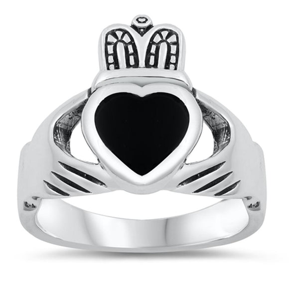 Black Onyx Polished Heart Claddagh Ring New 925 Sterling Silver Band Sizes 6-14