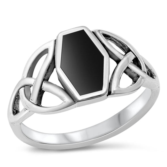 Black Onyx Triquetra Polished Celtic Ring .925 Sterling Silver Band Sizes 5-9