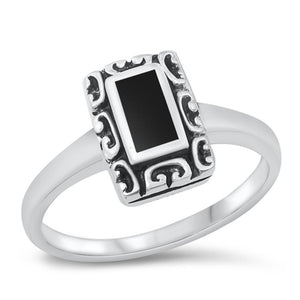 Black Onyx Polished Rectangle Simple Ring .925 Sterling Silver Band Sizes 4-10