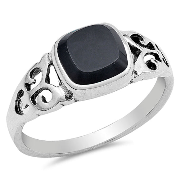 Black Onyx Fleur De Lis Filigree Ring New .925 Sterling Silver Band Sizes 4-10