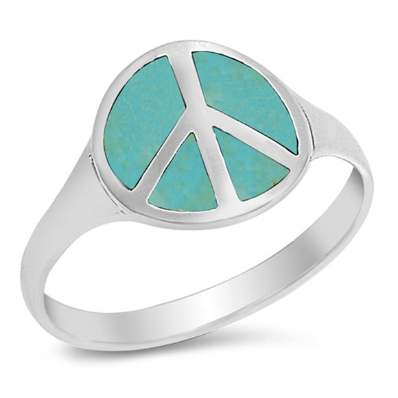 Turquoise Peace Sign Polished Cute Ring New .925 Sterling Silver Band Sizes 4-10