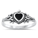 Vintage Heart Black Onyx Polished Ring New .925 Sterling Silver Band Sizes 4-10