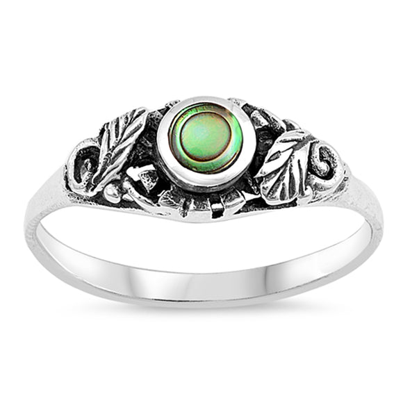 Abalone Round Leaf Oxidized Vintage Boho Ring Sterling Silver Band Sizes 4-11