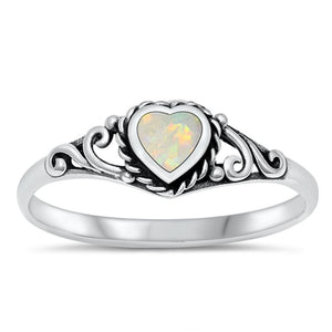 White Lab Opal Heart Promise Ring .925 Sterling Silver Filigree Band Sizes 4-10