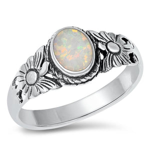 Sunflower White Lab Opal Cute Ring New .925 Sterling Silver Band Sizes 4-10