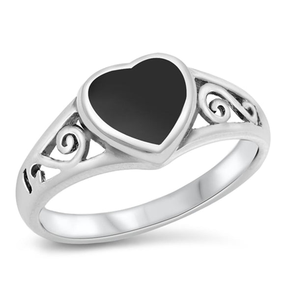 Heart Filigree Black Onyx Promise Ring New .925 Sterling Silver Band Sizes 5-11